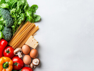 Fresh vegetables, pasta, cheese, and eggs create vibrant and healthy food background, perfect for promoting nutritious meals and cooking inspiration