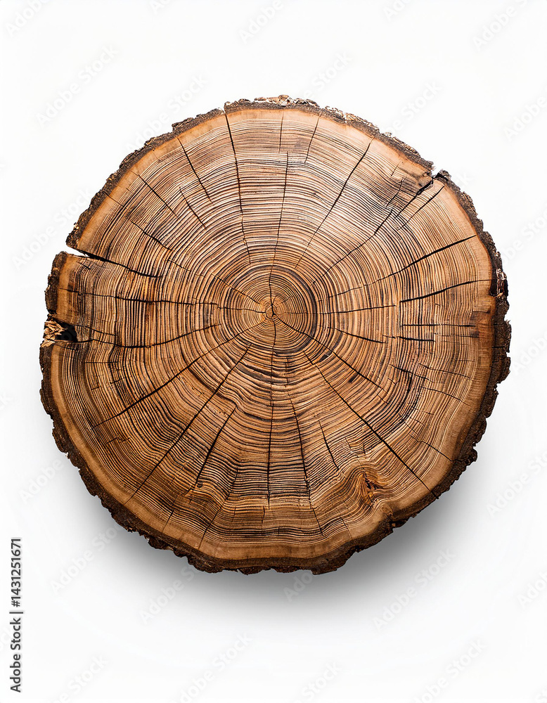 Poster tree trunk slice. wood texture. circular pattern. rings of growth. natural resource. rough surface. 