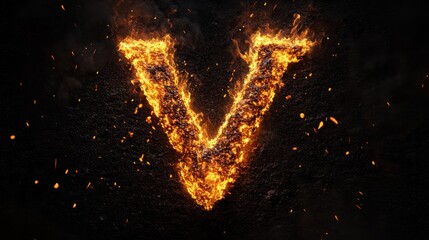 Fiery letter V, dark background, embers, fiery letter