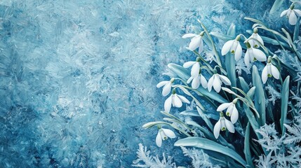 Frozen winter snowdrop flowers on a textured blue surface.