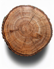 Tree trunk slice. Brown wood shows growth rings. Circles mark the passage of time. Simple nature image. Freshly cut tree section with visible wood grain on white surface.