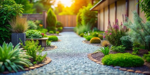 Obraz premium Minimalist Backyard Gravel Path: Tilt-Shift Photography of Structured Landscaping