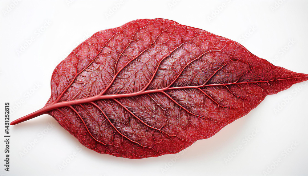 Poster red leaf detail. single red leaf showing intricate vein pattern on a white background. close up imag