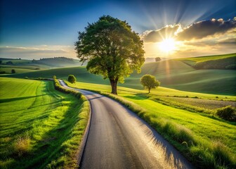 Obraz premium Minimalist Countryside Road: Winding Path Through Lush Green Fields