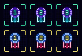 Medals symbol set, cyber neon visual, glowing border grid vector.