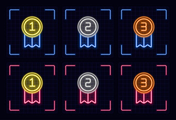Medals competition symbol set, cyber neon visual, glowing border grid vector.
