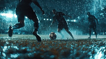 Three soccer players engage in a dynamic play in heavy rain.