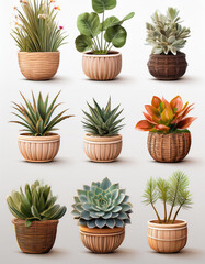 Potted plants collection. Many green houseplants in baskets and ceramic pots are displayed on a plain background. Decorative plants. Indoor garden with aloe, agave, succulent, and other plants.