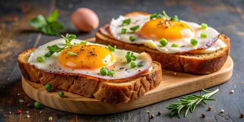 Delicious breakfast toasts with fried eggs and savory ham, garnished with fresh herbs and spices on a rustic wooden board.