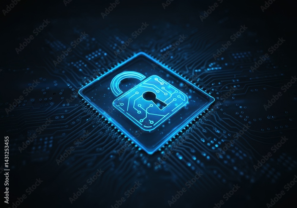 Poster glowing padlock on a microchip represents data security and digital protection
