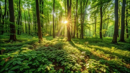 Fototapeta premium Dense foliage with sunlight filtering through lush green leaves, casting dappled shadows on forest floor