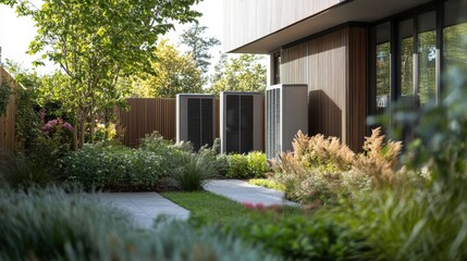 Fototapeta premium A stunning image of modern residential outdoor garden showcasing an array of heating, air conditioning, and ventilation (HVAC) units installed for efficient home climate control.