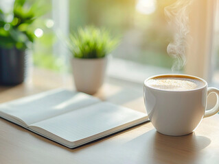 cozy desk scene featuring steaming cup of coffee beside open notebook and small potted plants, creating warm and inviting atmosphere for productivity and reflection