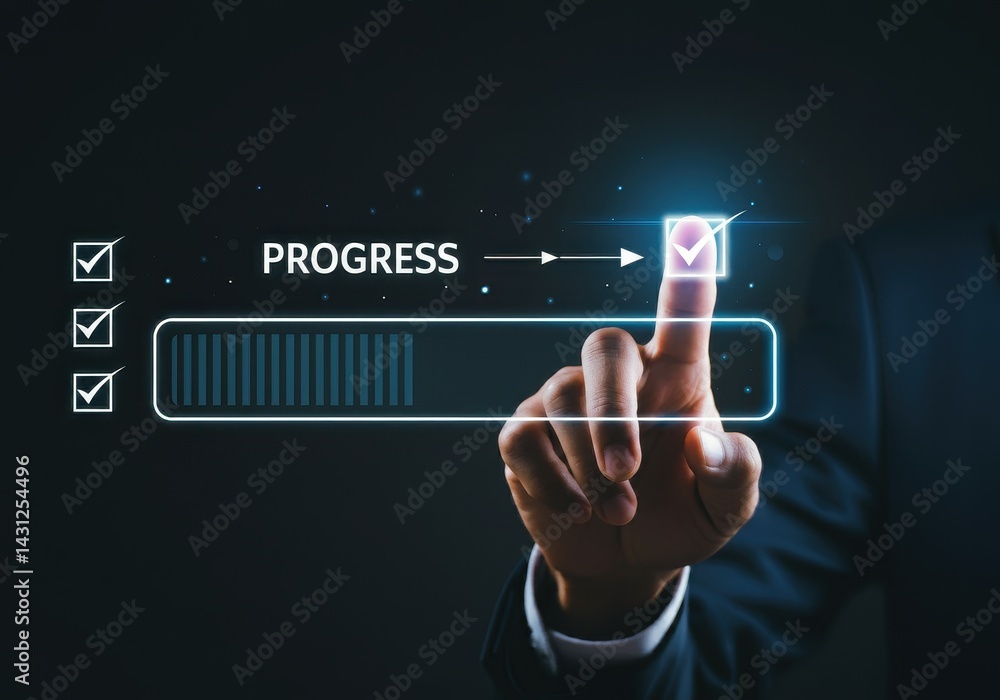 Poster hand touching progress bar with check marks on a dark background, concept of completion