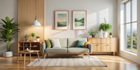 Minimalist Scandinavian Living Room: Wood Accents & Art Frame