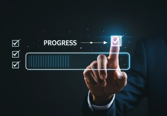 Obraz premium Hand touching progress bar with check marks on a dark background, concept of completion