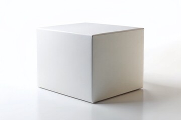 Naklejka premium Minimalist White Cardboard Box Mockup: Square Package, Blank Cube, 3D Isolated on White Background