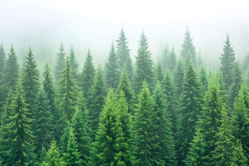 Fototapeta premium A misty forest with tall evergreen trees (1)