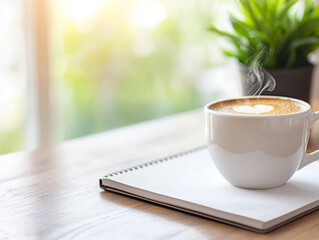 steaming cup of coffee sits on notebook, creating cozy atmosphere perfect for reflection or planning. warm light and greenery in background enhance inviting scene