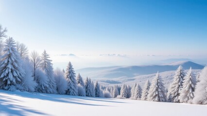 Snowy mountain landscape with frosted trees under a clear blue sky