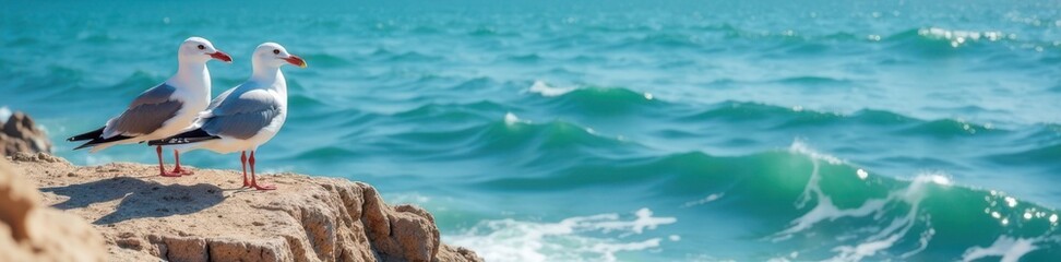 Fototapeta premium Seagulls perched on a rocky outcrop overlooking a calm ocean with waves gently lapping at the shore, ocean landscape, nature