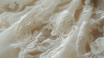 Close-up of elegant white lace fabric, showcasing its detailed and intricate patterns for weddings or luxury textiles