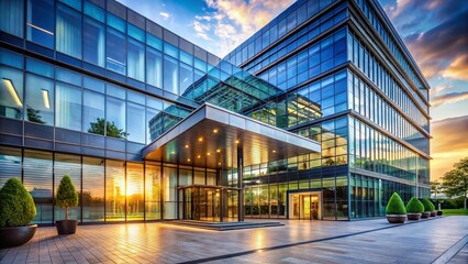 Obraz premium Modern Glass Office Building Entrance, Unique Architecture, Corporate Exterior