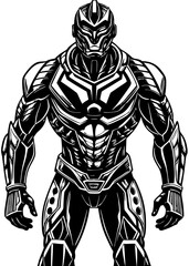 Powerful Black and White Illustration of a Futuristic Armored Warrior
