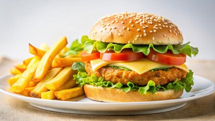 Appetizing cheeseburger with sesame seed bun, lettuce, tomato, and melted cheese served with golden-brown french fries on a white plate