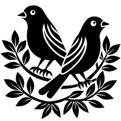 Two Birds Perched on Branch with Laurel Wreath Design