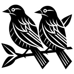 Two Stylized Birds Perched on a Branch Black and White Illustration