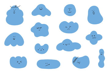 Hand drawn collection abstract shapes with different face emotions. Doodle various figures for kids illustration. Cute funny characters.