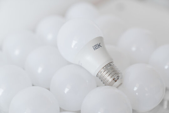 IEK round white LED light bulb. many modern light bulbs