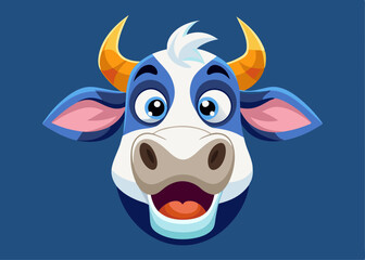 Happy Cartoon Cow Face Illustration Blue and White