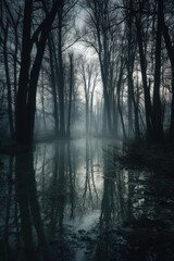 Obraz premium Misty Forest Reflection in Calm Water Serene Landscape with Bare Trees and Foggy Atmosphere Tranquil Scene