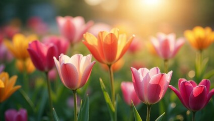 Obraz premium A serene and intimate vibrant colorful flower garden in soft focus, with an array of blooming flowers in shades of bright pink, sunny yellow, and sky blue, surrounded by lush greenery, beneath a warm 