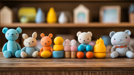 Collection of adorable childrenâ€™s toys arranged on a wooden table, suited for nursery room display