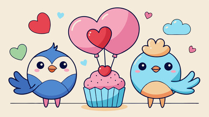 Cute Cartoon Birds with Heart Balloons and Cupcake