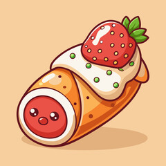 Cute Cartoon Cannoli with Strawberry and Cream Topping
