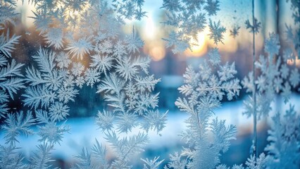Frozen droplets on windowpane, delicate ice crystals suspended in air as cold wind blows