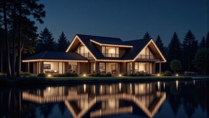 Luxury Lakeside Home at Night with Reflections, Modern Cabin Architecture in Forest, Illuminated Exterior