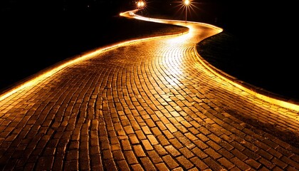 golden brick road glowing at night winding and curved the yellow light reflecting on the ground