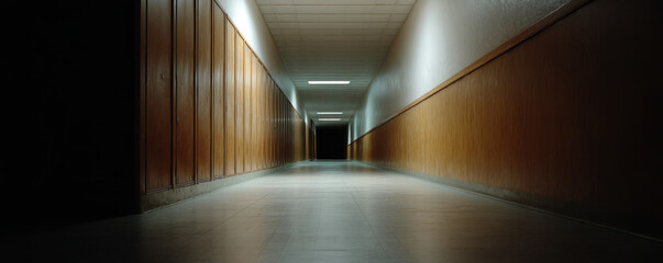 long, dimly lit corridor with wooden walls fades into darkness