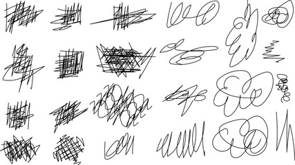 A variety of black curved scattered scribble lines. A set of doodles.