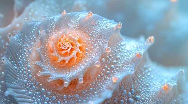 Detailed Seashell with Spiral Center and Water Droplets - Natural Beauty