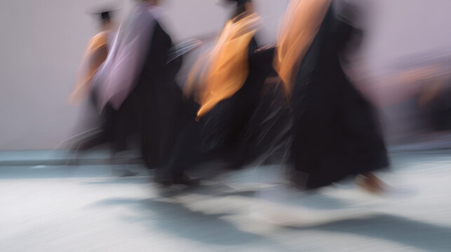 Graduates in motion with blurred effect, wearing caps and gowns