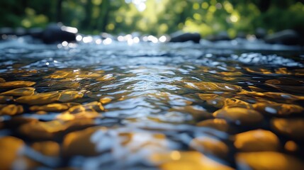 Close-up of shallow, sunlit stream flowing over smooth, golden stones.