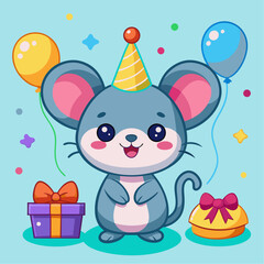 Adorable Cartoon Mouse Celebrating Birthday with Gifts and Balloons