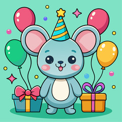 Adorable Cartoon Mouse Celebrating Birthday with Balloons and Gifts