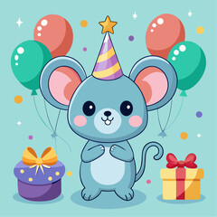 Fototapeta premium Adorable Cartoon Mouse Celebrating Birthday with Gifts and Balloons
